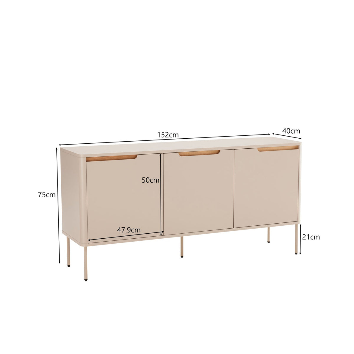 Croquis de medidas de Aparador Bergen beige de 152 cm con 3 puertas