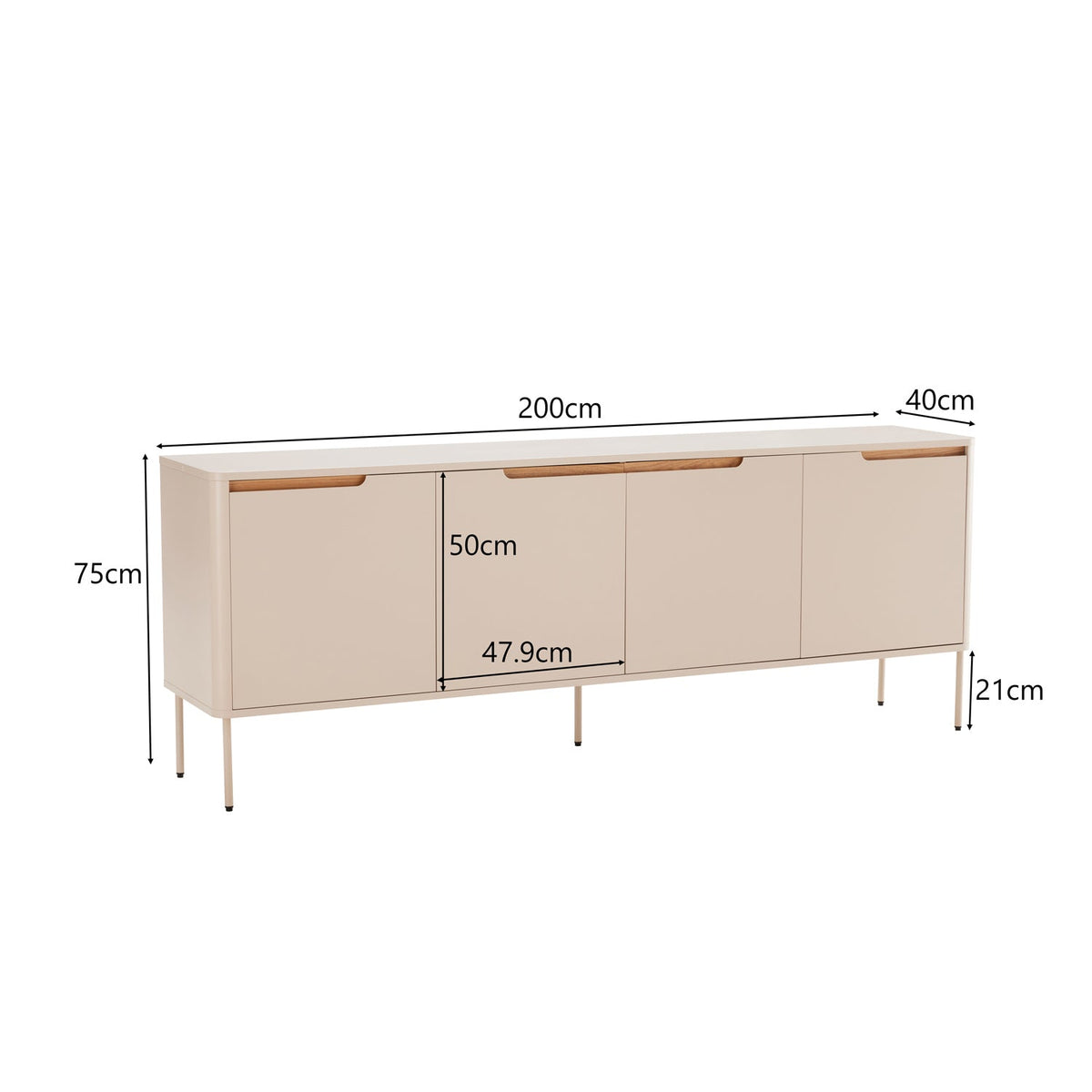 Croquis de medidas de Aparador Bergen beige de 200 cm con 4 puertas