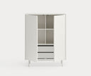 Mueble auxiliar alto SIERRA de 97 cm con 2 puertas y 2 cajones, en blanco, con las puertas abiertas – Teulat