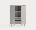 Mueble auxiliar alto SIERRA de 97 cm con 2 puertas y 2 cajones, en gris, con las puertas abiertas – Teulat