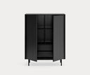 Mueble auxiliar alto SIERRA de 97 cm con 2 puertas y 2 cajones, en negro, con las puertas abiertas – Teulat