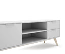 Mueble TV CAMPUS de 180 cm con 2 puertas, 2 cajones y 2 huecos, en blanco, detalle del hueco central con balda