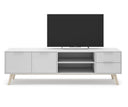 Mueble TV CAMPUS de 180 cm con 2 puertas, 2 cajones y 2 huecos, en blanco, con una televisión encima