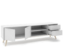 Mueble TV CAMPUS de 180 cm con 2 puertas, 2 cajones y 2 huecos, en blanco, con las puertas y los cajones abiertos