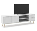 Mueble TV CAMPUS de 180 cm con 2 puertas, 2 cajones y 2 huecos, en blanco, con una televisión encima en perspectiva