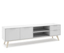 Mueble TV CAMPUS de 180 cm con 2 puertas, 2 cajones y 2 huecos, en blanco, vista en perspectiva