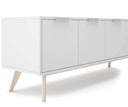 Mueble TV CAMPUS de 140 cm con 4 puertas, en blanco, detalle del frente y los tiradores
