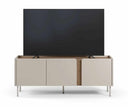 Mueble TV LUCILE de 140 cm con 3 puertas, en crema y roble, vista frontal con un televisor encima