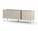Mueble TV LUCILE de 140 cm con 3 puertas, en crema y roble, visto desde el lado derecho