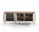 Mueble TV LUCILE de 140 cm con 3 puertas, en crema y roble, con las tres puertas abiertas