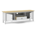 Mueble TV MUSGO de 158 cm con 2 puertas, 1 cajón y 1 hueco, en blanco, con la puerta y el cajón abiertos