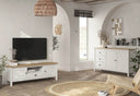 Mueble TV MUSGO de 158 cm con 2 puertas, 1 cajón y 1 hueco, en blanco, en un salón