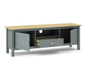 Mueble TV MUSGO de 158 cm con 2 puertas, 1 cajón y 1 hueco, en verde kaki, con la puerta y el cajón abiertos