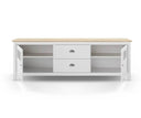 Mueble TV MUSGO de 180 cm con 2 puertas de cristal y 2 cajones, en blanco, con los cajones abiertos