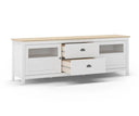 Mueble TV MUSGO de 180 cm con 2 puertas de cristal y 2 cajones, en blanco, con los cajones y una vitrina abiertos