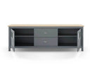 Mueble TV MUSGO de 180 cm con 2 puertas de cristal y 2 cajones, en verde kaki, detalle del interior