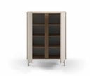 Mueble auxiliar alto LUCILE de 90 cm con 2 puertas, en crema y roble, con las dos puertas abiertas y los ocho huecos a la vista
