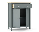 Mueble auxiliar alto MUSGO de 90 cm con 2 puertas y 1 cajón, en verde kaki, con el cajón y las puertas abiertos