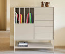 Mueble auxiliar alto PLATT de 120 cm con 1 puerta y 5 cajones, en arena – Teulat