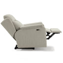 Sillón relax elevador BLANCA con respaldo alto, en beige, abierto del todo con el reposapiés desplegado