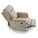 Sillón relax SIRIO, en beige, abierto en posición relax con el reposapiés desplegado