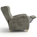 Sillón relax manual ALIX con respaldo orejero, tapizado en beige, vista lateral abierto con el reposapiés desplegado