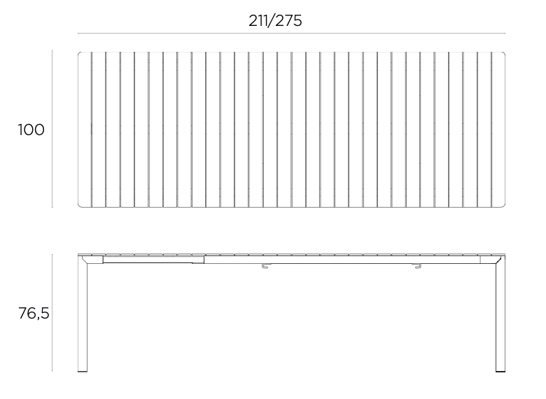Croquis de medidas de Mesa Tevere 210 Extensible