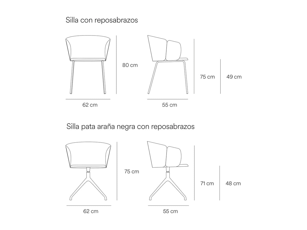 Croquis de medidas de Silla ADD con reposabrazos, con patas o giratoria – Teulat