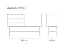 Croquis de medidas — Aparador 1P3C NUBE: 140 cm de ancho × 45 cm de fondo × 91 cm de alto