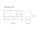 Croquis de medidas — Aparador 2P1C PLATT: 166 cm de ancho × 45 cm de fondo × 98 cm de alto