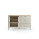 Aparador SAYLA de 140 cm con 2 puertas y 3 cajones, en crema, con las puertas abiertas