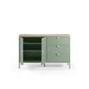 Aparador SAYLA de 140 cm con 2 puertas y 3 cajones, en verde menta, con las puertas abiertas