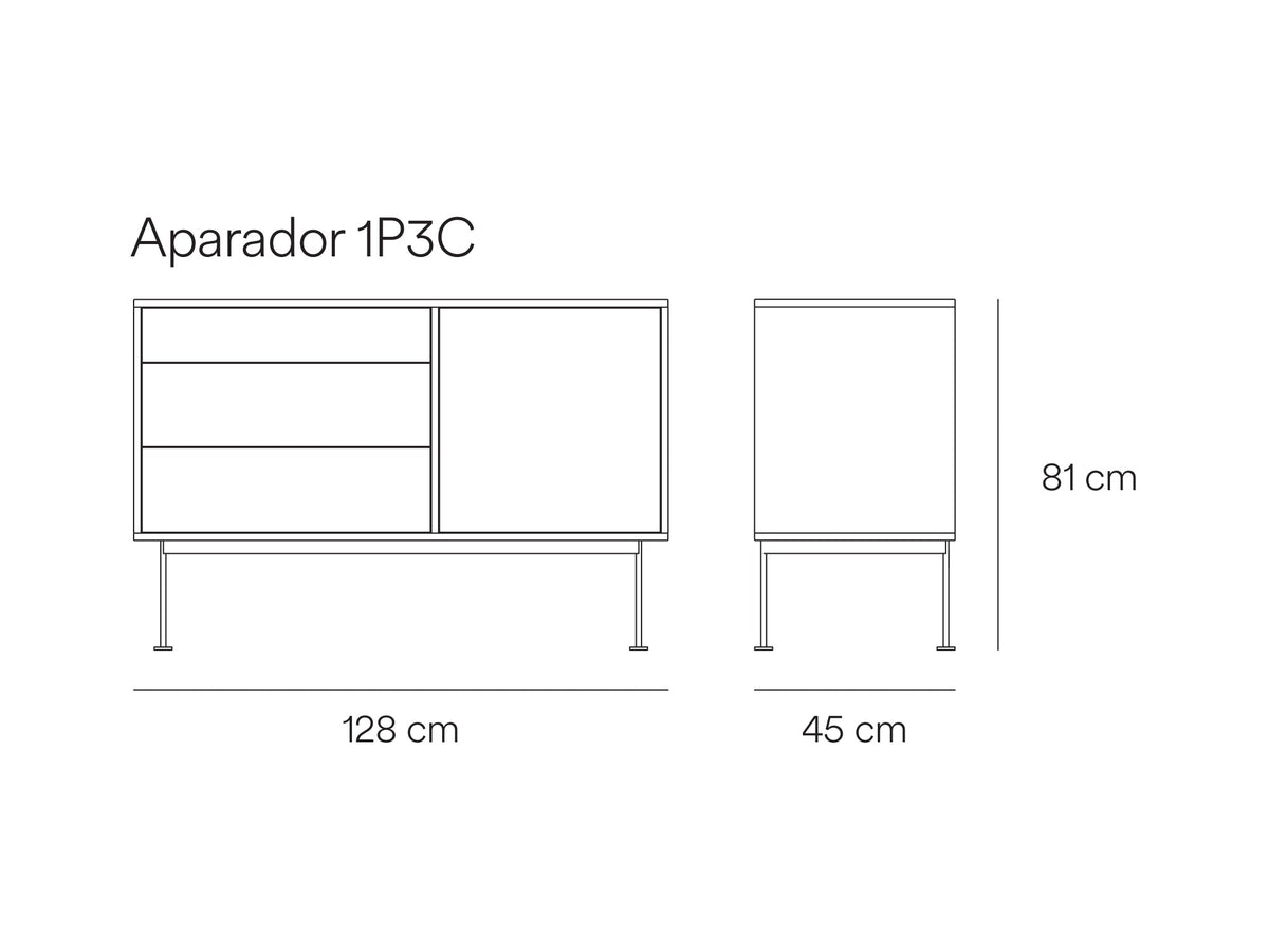 Croquis de medidas de Aparador YOKO de 128 cm con 1 puerta y 3 cajones – Teulat