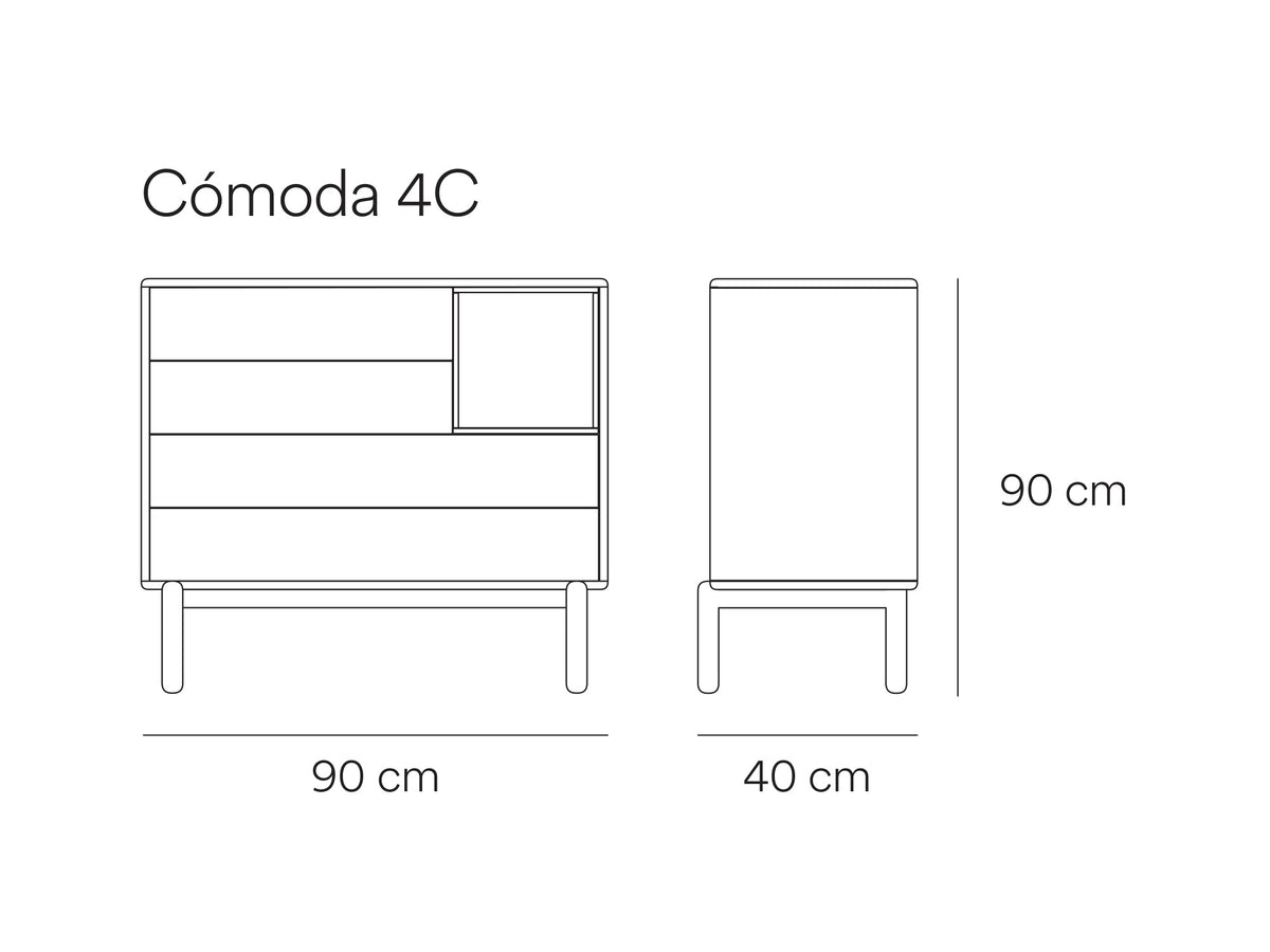 Croquis de medidas de Cómoda CORVO de 90 cm con 4 cajones y 1 nicho – Teulat
