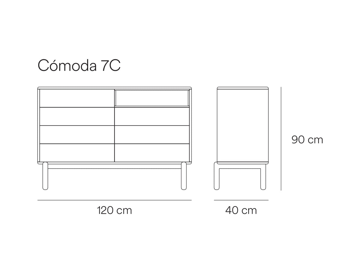 Croquis de medidas de Cómoda CORVO de 120 cm con 7 cajones y 1 nicho – Teulat