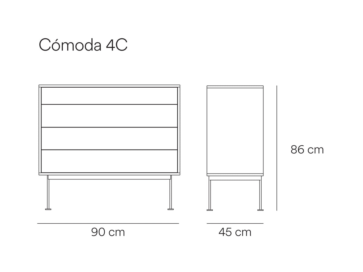 Croquis de medidas de Cómoda YOKO de 90 cm con 4 cajones – Teulat