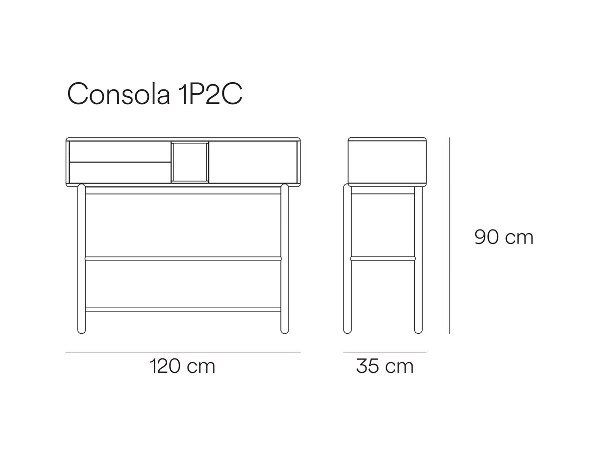 Croquis de medidas de Consola CORVO de 120 cm con 1 puerta y 2 cajones – Teulat