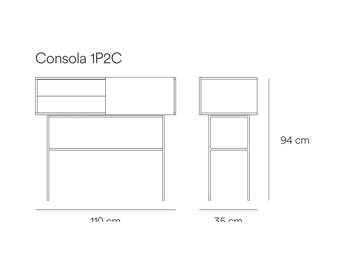 Croquis de medidas de Consola NUBE de 110 cm con 1 puerta corredera y 2 cajones – Teulat