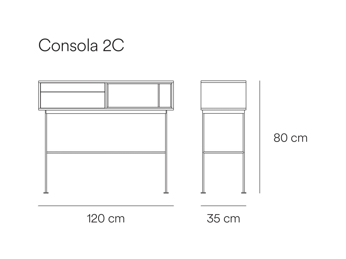 Croquis de medidas de Consola YOKO de 120 cm con 2 cajones – Teulat