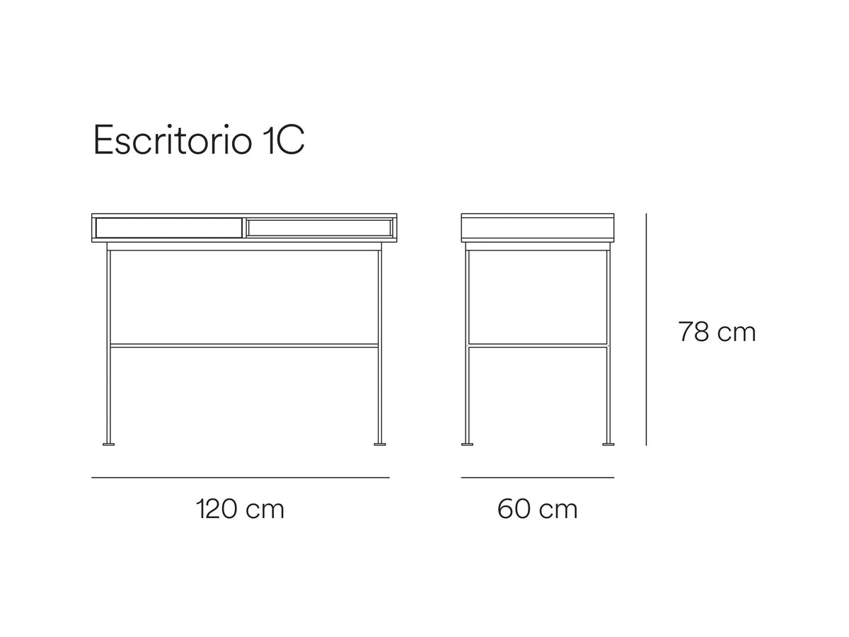Croquis de medidas de Escritorio YOKO de 120 cm con 1 cajón – Teulat