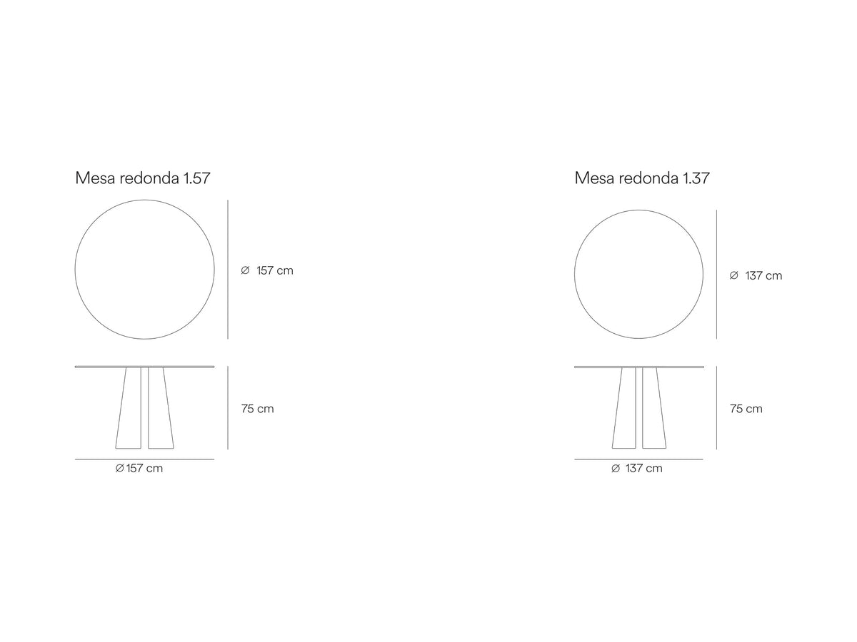 Croquis de medidas de Mesa de comedor redonda CEP de 137 o 157 cm para 6 a 8 personas – Teulat
