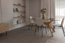 Mesa DELLA Cristal y Madera Fija, 160 cm, roble, en un comedor