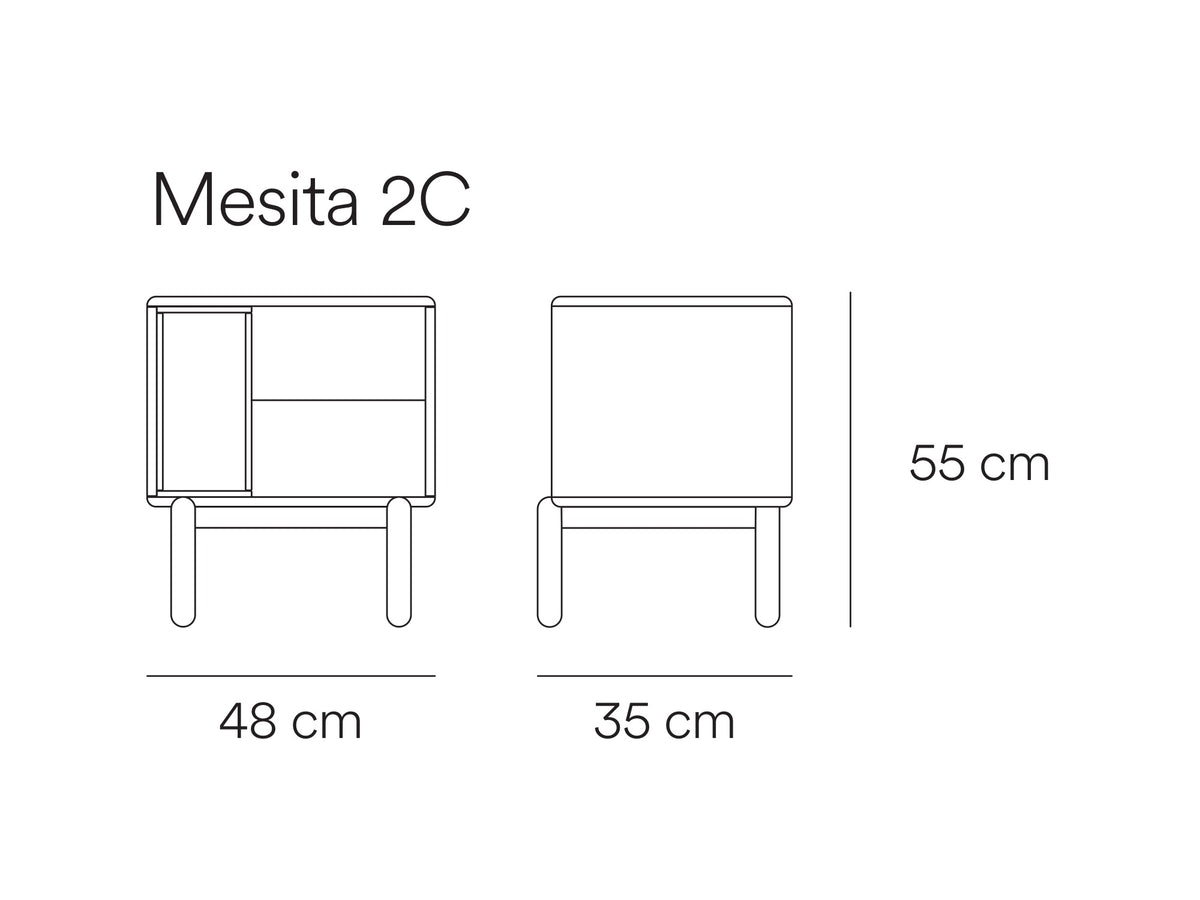 Croquis de medidas de Mesita de noche CORVO de 48 cm con 2 cajones – Teulat