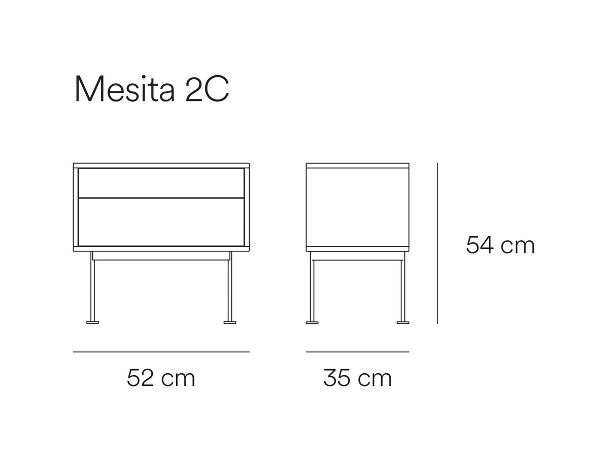 Croquis de medidas de Mesita de noche YOKO de 52 cm con 2 cajones – Teulat