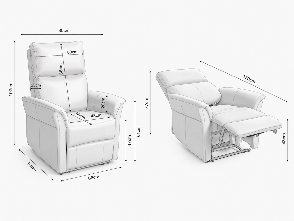 Croquis de medidas de Sillón relax eléctrico MISAKI con USB-C