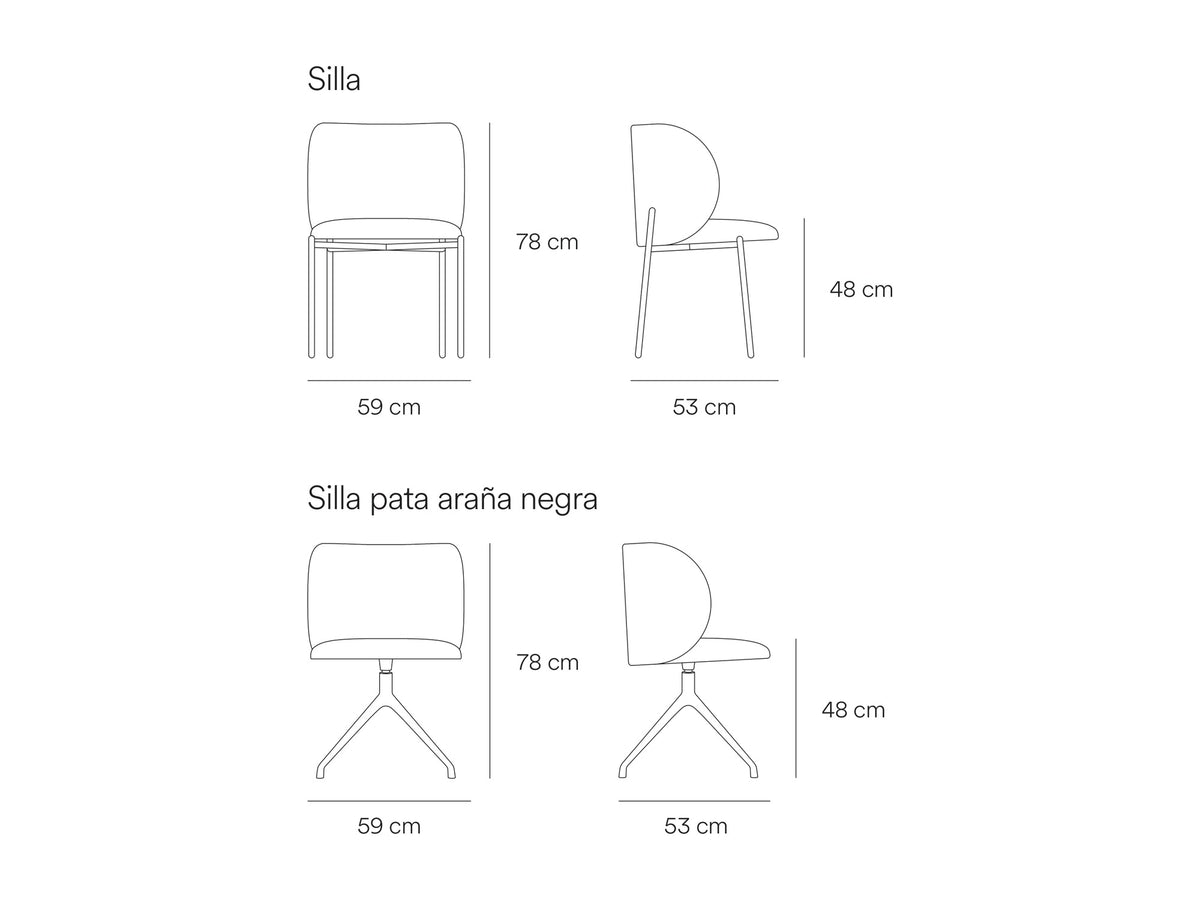 Croquis de medidas de Silla tapizada MOGI con respaldo envolvente, con patas o giratoria – Teulat