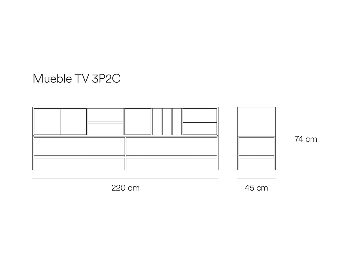 Croquis de medidas de Mueble TV PLATT de 220 cm con 3 puertas y 2 cajones – Teulat