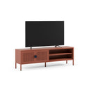 Mueble TV SAYLA de 160 cm con 2 puertas, en terracota, con un televisor encima, de frente