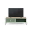 Mueble TV SAYLA de 160 cm con 2 puertas, en verde menta, con un televisor encima