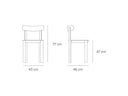 Croquis de medidas — Silla NARA con asiento tapizado: 43 × 46 × 77 cm, asiento a 47 cm